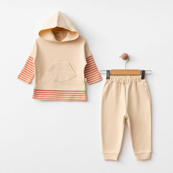 Organik Krem Çizgili Hoodie Alt Üst Takım İkili Takım