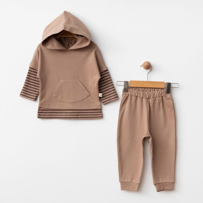 Organik Kahverengi Çizgili Hoodie Alt Üst Takım İkili Takım