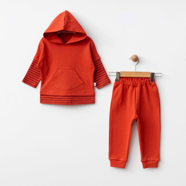 Organik Kırmızı Çizgili Hoodie Alt Üst Takım İkili Takım
