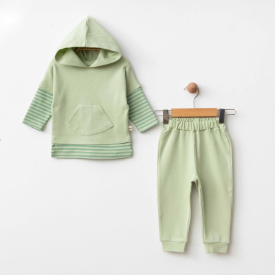 Organik Yeşil Çizgili Hoodie Alt Üst Takım İkili Takım