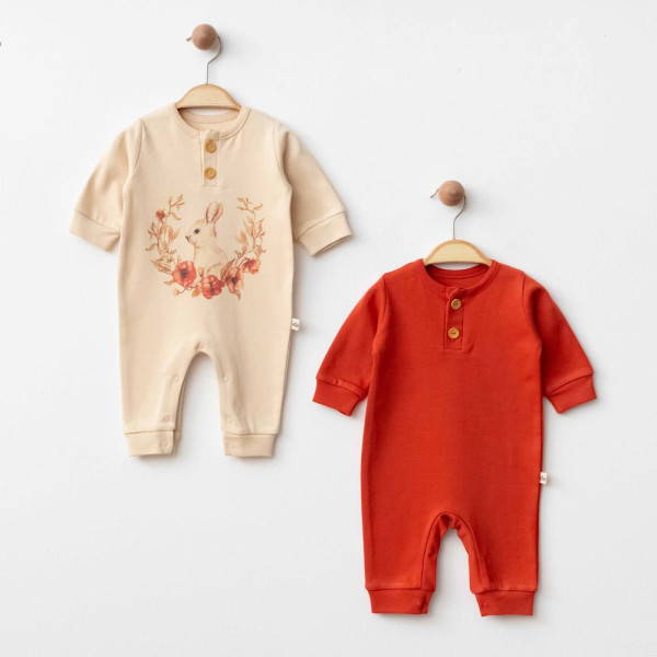 Organik Pamuklu Tavşan Desenli Krem & Kırmızı İkili Set