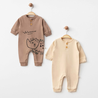 Organik Pamuklu Dinazor Desenli Kahverengi & Krem İkili Set