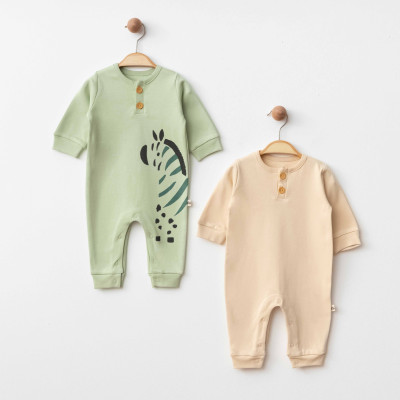 Organik Pamuklu Zebra Desenli Yeşil & Krem İkili Takım