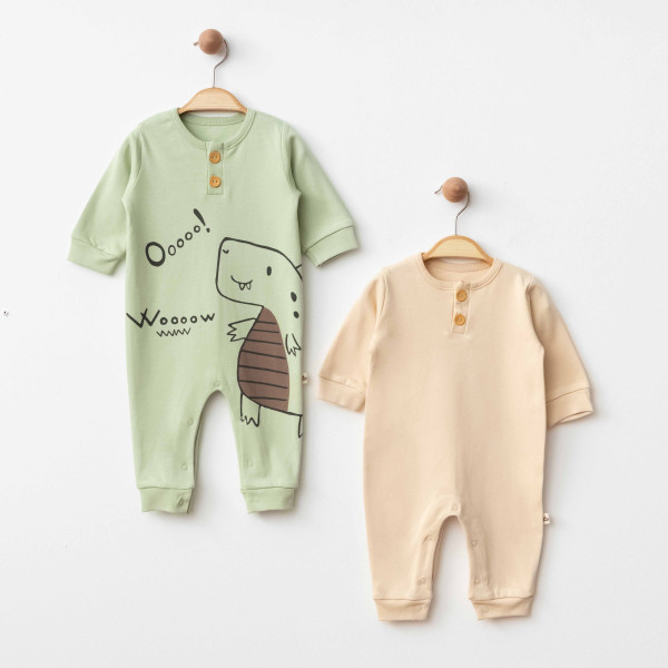 Organik Pamuklu Kaplumbağa Desenli Yeşil & Krem İkili Set