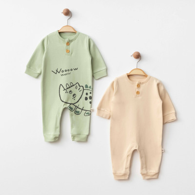Organik Pamuklu Dinazor Desenli Yeşil & Krem İkili Set