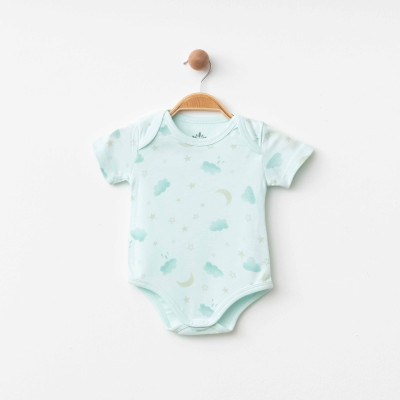 Organik Pamuklu Turkuaz Ay ve Bulut Desenli  Zıbın