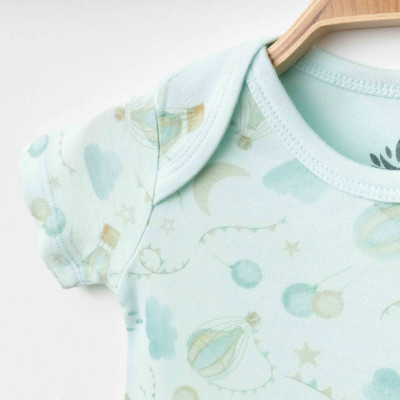 Organik Pamuklu Turkuaz Ay ve Bulut Desenli  Zıbın