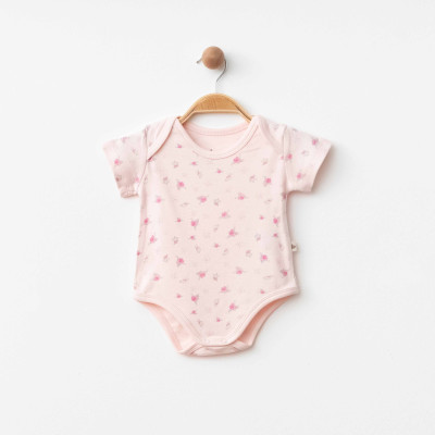 Organik Pamuklu Çiçek Desenli Pembe Zıbın