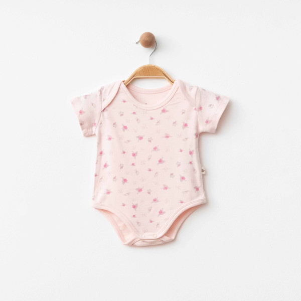 Organik Pamuklu Çiçek Desenli Pembe Zıbın