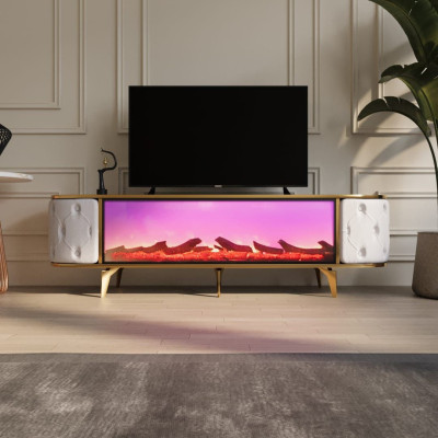 Elektronik Şömineli Çekmecesiz Beyaz  TV Ünitesi