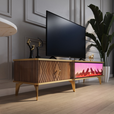 Elektronik Şömineli Tek Çekmeceli Kahverengi TV Ünitesi