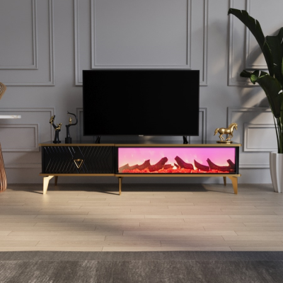 Elektronik Şömineli Tek Çekmeceli Siyah TV Ünitesi