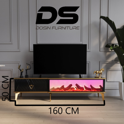 Elektronik Şömineli Tek Çekmeceli Siyah TV Ünitesi