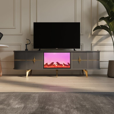 Tokumyuz Elektronik Şömineli Gri İki Çekmeceli TV Ünitesi