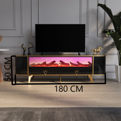 Elektronik Şömineli Siyah İki Çekmeceli TV Ünitesi