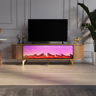 Elektronik Şömineli Kahverengi Çekmecesiz TV Ünitesi